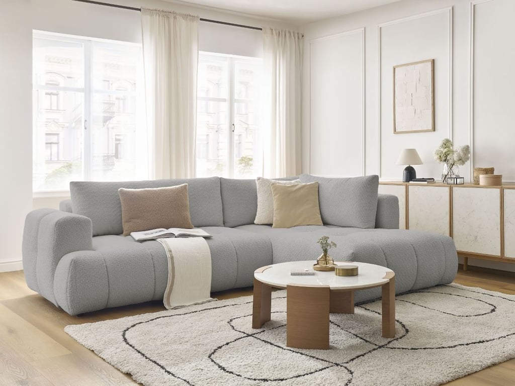 Produit similaire: Canapé d'angle L convertible FUJI tissu bouclette gris clair angle droit BOBOCHIC 4 places