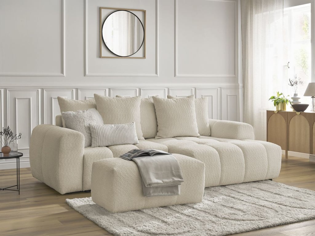 Produit similaire: Canapé d'angle convertible coffre ROXELANE tissu bouclette avec pouf beige angle droit BOBOCHIC 3 places