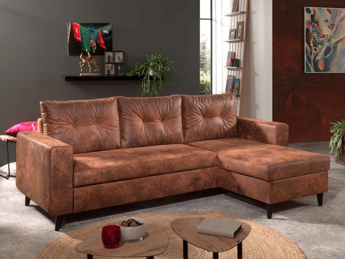 Canapé d'angle réversible NORDIC - 4 places - Convertible - Industriel vintage - Marron