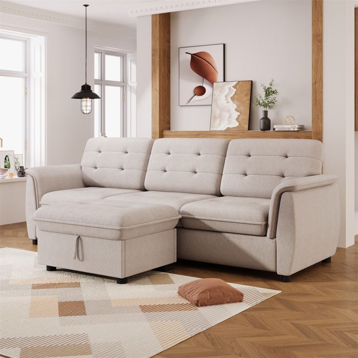 Produit similaire: Canapé d'angle 3 Places avec Repose-Pied - Canape Dangle Convertible avec Compartiment de Rangement -  Pas Cher - Beige Clair - Lin