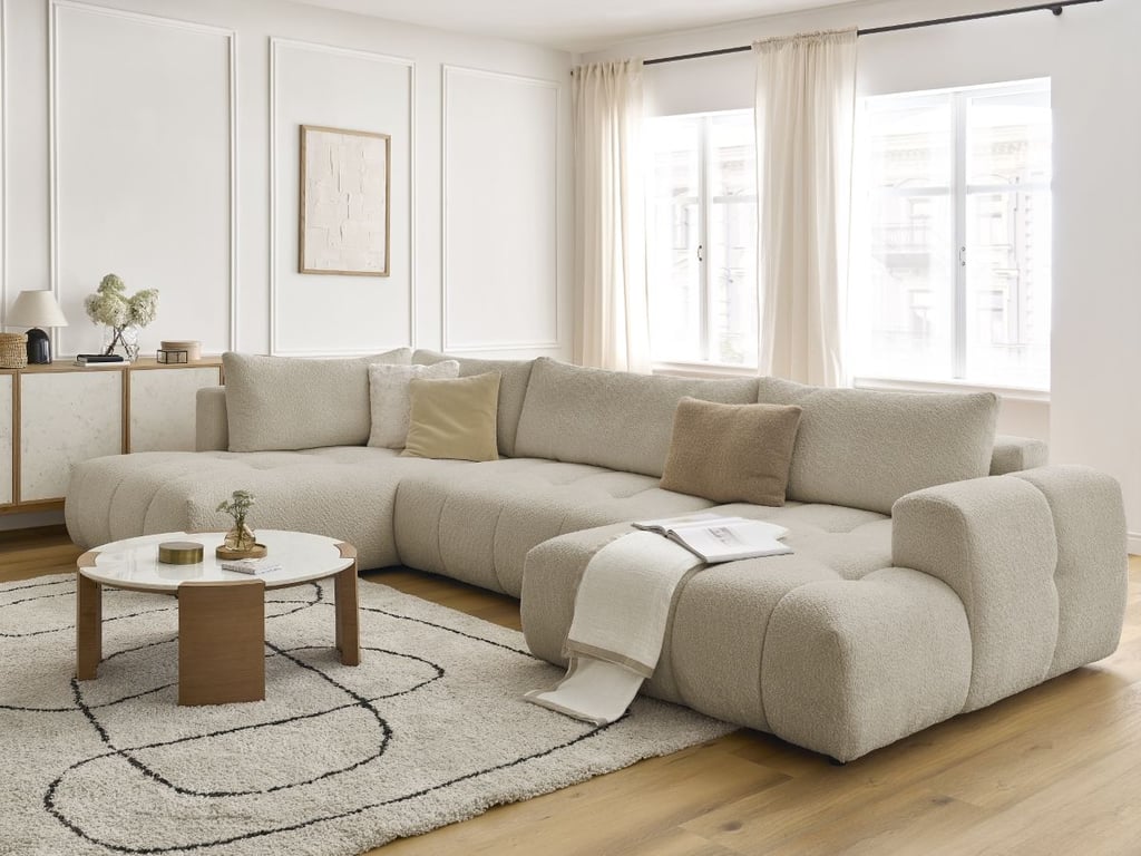 Produit similaire: Canapé d'angle panoramique convertible FUJI tissu bouclette beige angle droit BOBOCHIC 5 places