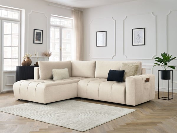 Canapé d'angle L convertible coffre ARSENE tissu velours beige angle gauche BOBOCHIC 3 places