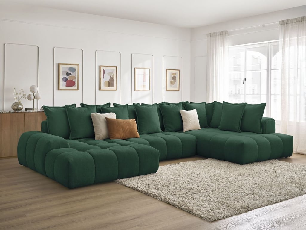 Produit similaire: Canapé panoramique convertible coffre EVEREST tissu texturé vert angle gauche BOBOCHIC 6 places