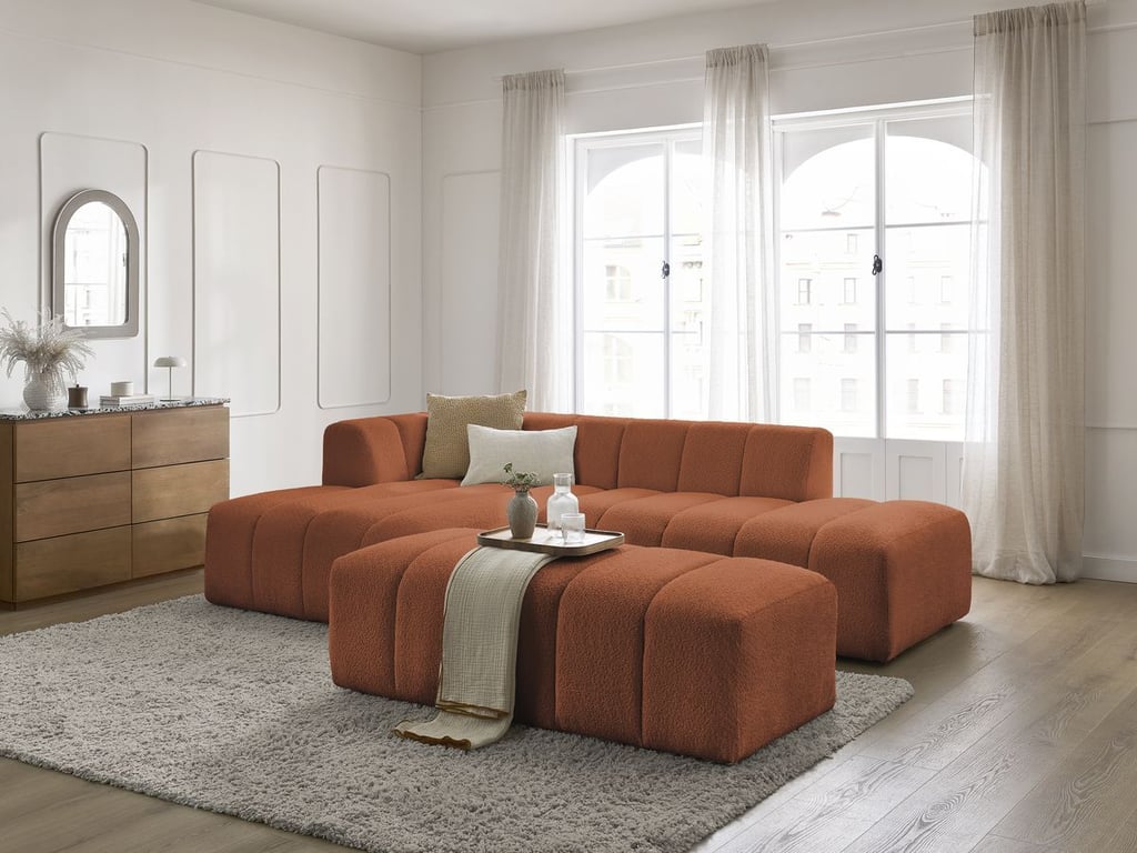 Produit similaire: Canapé d'angle fixe modulable ANNECY tissu bouclette avec pouf orange angle gauche BOBOCHIC 4 places