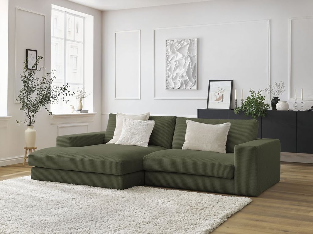 Produit similaire: Canapé d'angle fixe LEONARD velours côtelé vert clair angle gauche BOBOCHIC 4 places