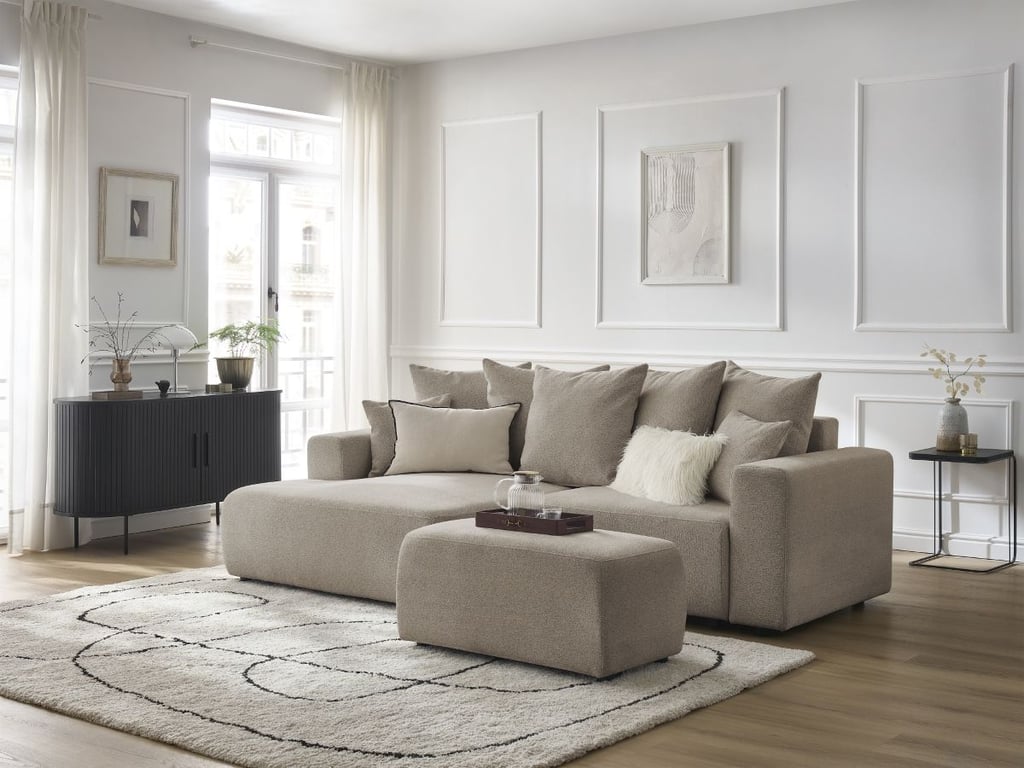 Produit similaire: Canapé d'angle convertible coffre ATILLA tissu chiné avec pouf taupe angle gauche BOBOCHIC 5 places