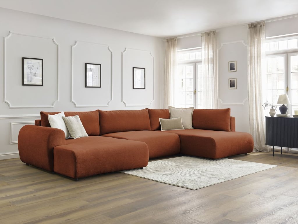 Produit similaire: Canapé panoramique convertible coffre LUCIEN tissu lisse orange angle gauche BOBOCHIC 5 places