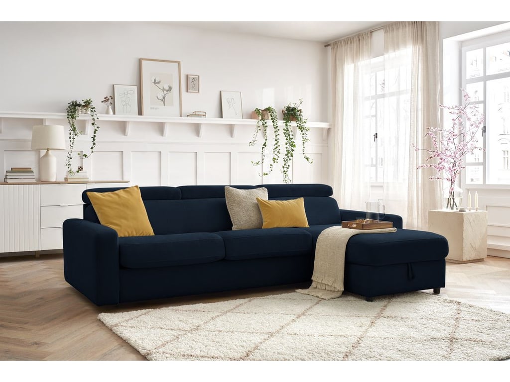 Produit similaire: Canapé d'angle réversible convertible coffre MONACO tissu lisse bleu foncé 140x190 réversible BOBOCHIC 3 places