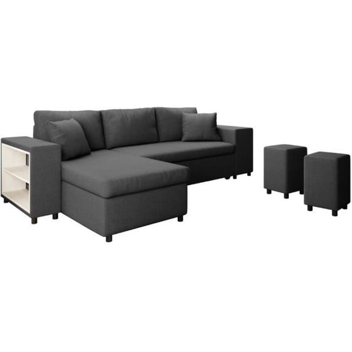 Produit similaire: Canapé d'angle réversible MADY avec coffre accoudoir étagère et poufs droit en tissu- Gris foncé - L254 x P146 x H81cm - LOUNGITUDE
