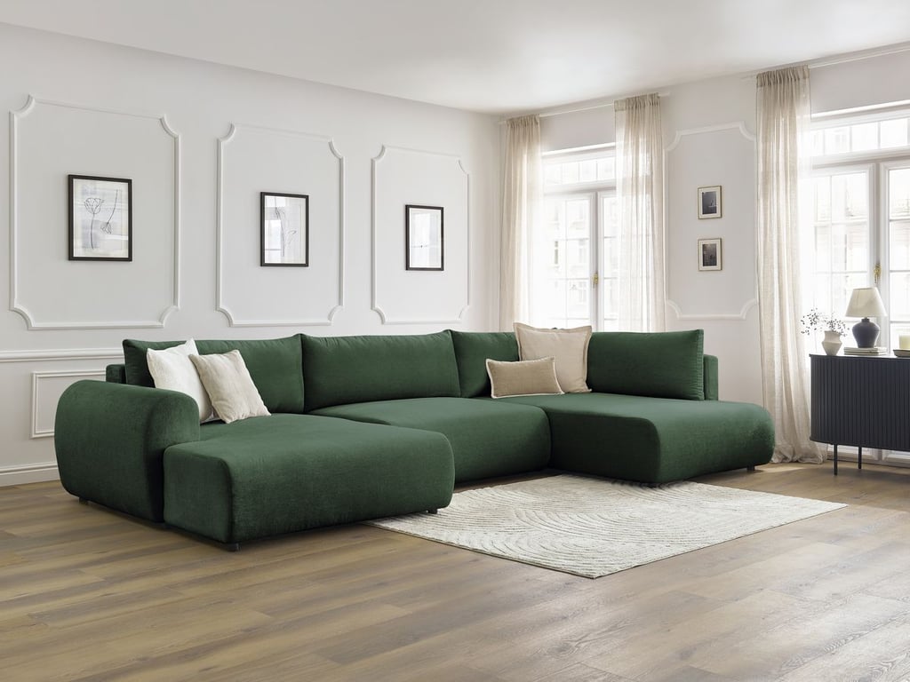 Produit similaire: Canapé panoramique convertible coffre LUCIEN tissu lisse vert angle gauche BOBOCHIC 5 places