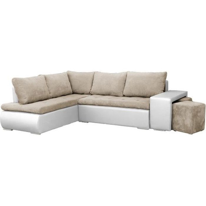 Produit similaire: Canapé d'angle gauche convertible avec coffre de rangement - 4 places - Tissu beige et simili blanc - BELGRAD