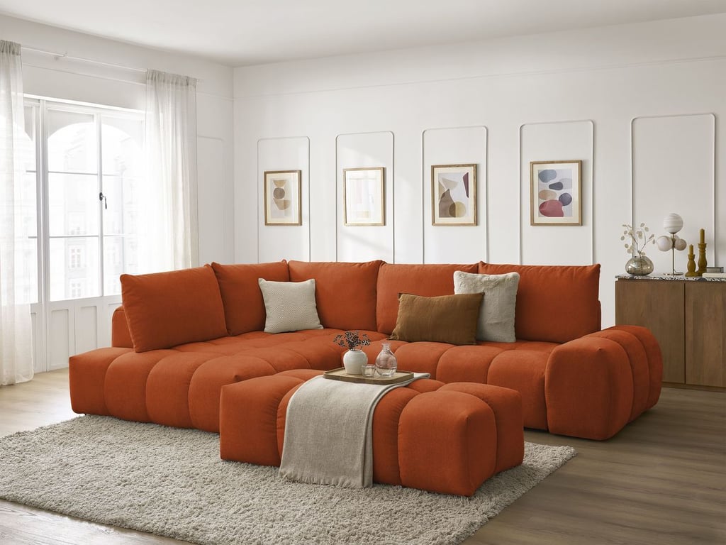 Produit similaire: Canapé d'angle L convertible coffre EVEREST tissu texturé avec pouf orange angle gauche BOBOCHIC 4 places