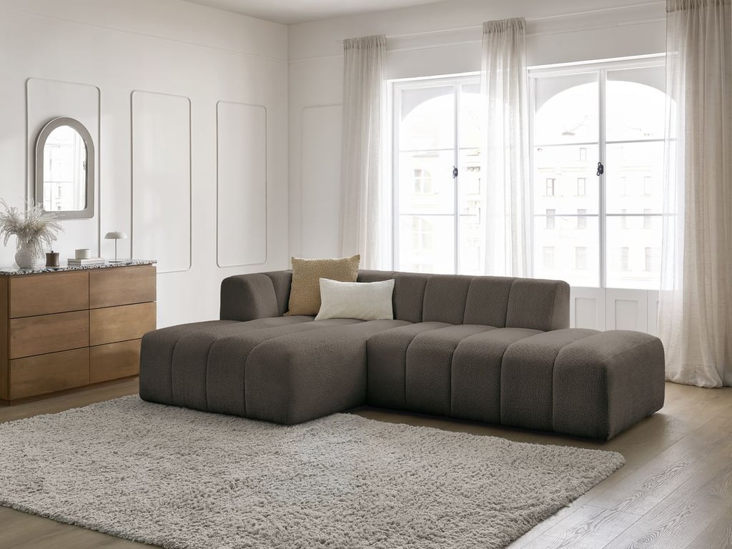 Produit similaire: Canapé d'angle fixe modulable ANNECY tissu bouclette marron angle gauche BOBOCHIC 3 places