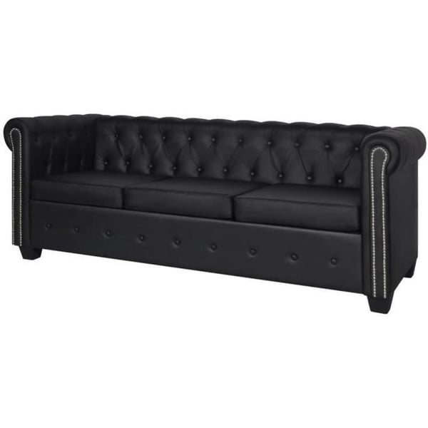 Canapé Chesterfield 3 Places Cuir Synthétique Noir - Accoudoirs - Design Elégant - 200,5 x 76 x 70 cm