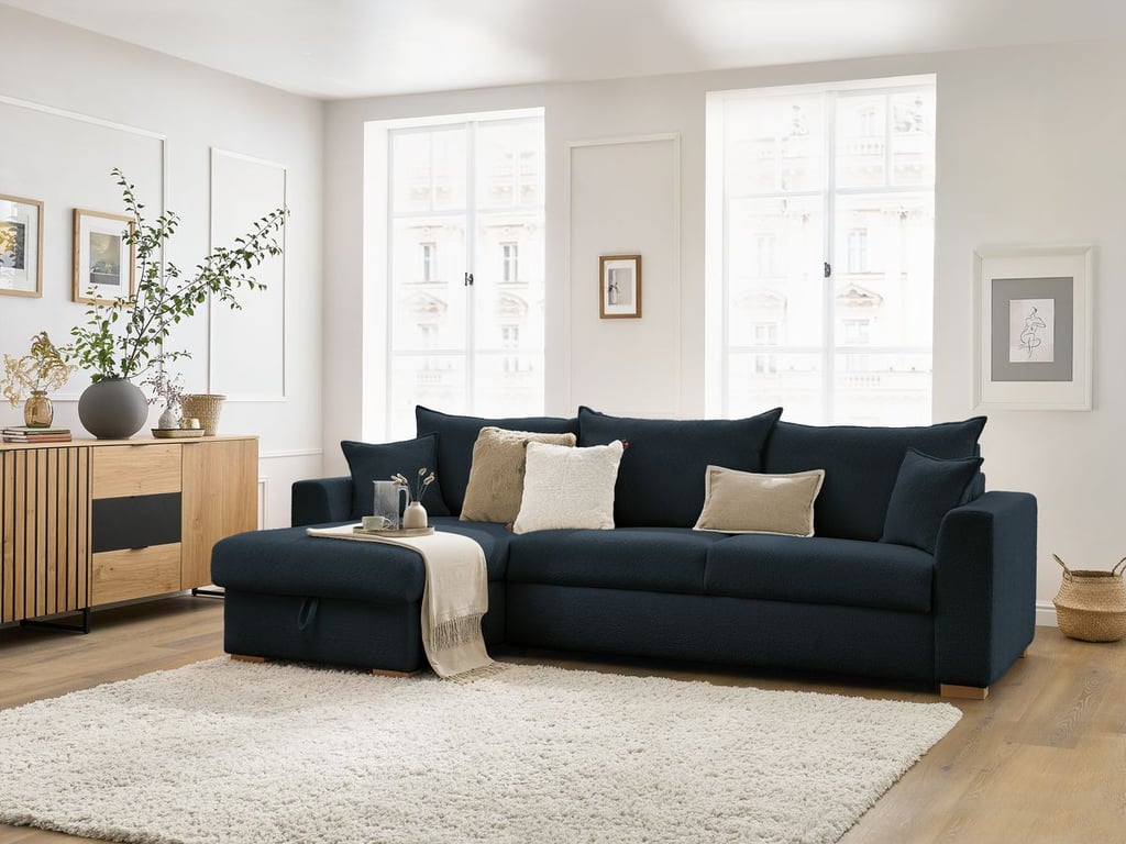 Produit similaire: Canapé d'angle réversible convertible ouverture express AUGUSTIN tissu bouclette bleu foncé 140x200 BOBOCHIC 3 places