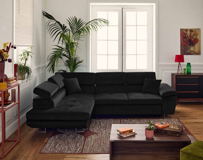 Produit similaire: Canapé d'angle gauche 5 places convertible avec coffre et têtières réglables en velours noir - BESTMOBILIER