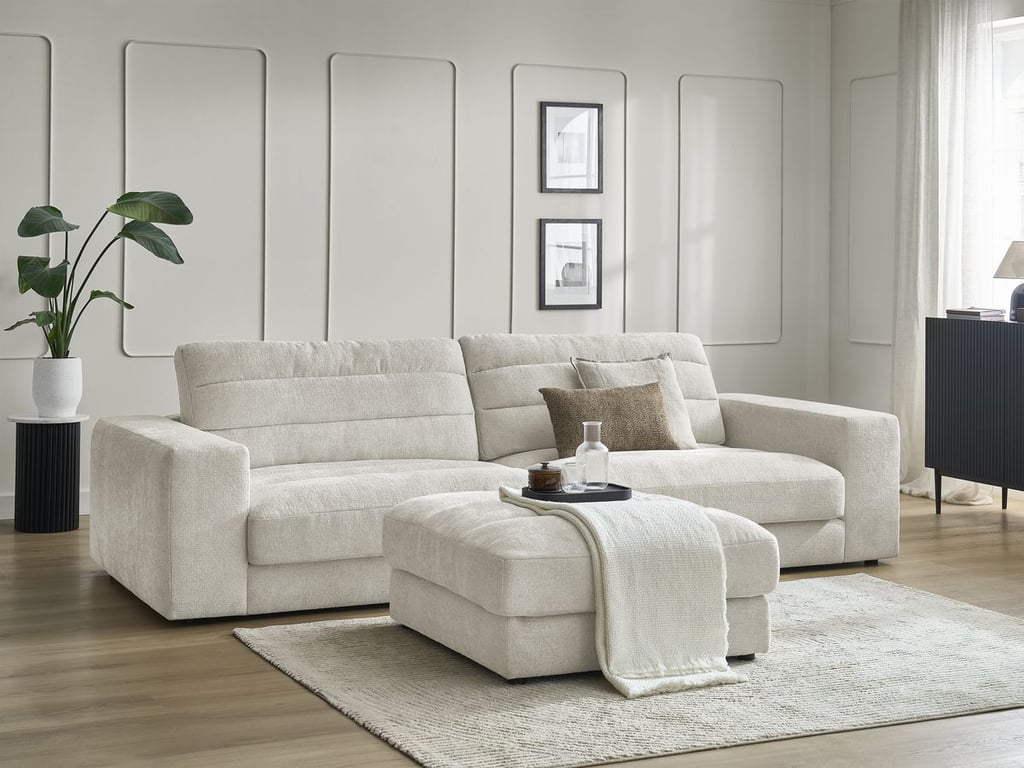 Produit similaire: Canapé droit fixe 3 places SIERRA tissu texturé avec pouf beige BOBOCHIC