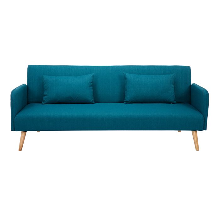 Produit similaire: Canapé convertible scandinave 3 places en tissu bleu canard et bois clair LULA