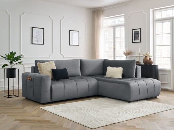Canapé d'angle L convertible coffre ARSENE tissu velours gris foncé angle droit BOBOCHIC 3 places