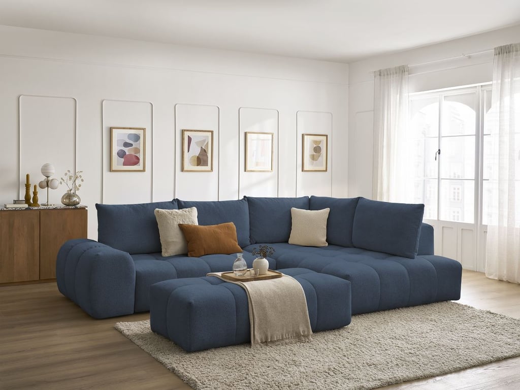 Produit similaire: Canapé d'angle L convertible coffre EVEREST tissu chiné avec pouf bleu foncé angle droit BOBOCHIC 4 places