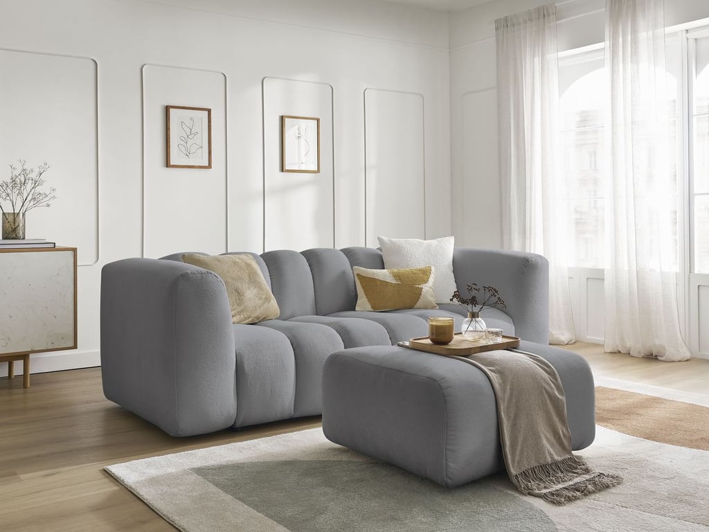 Produit similaire: Canapé droit fixe 3 places TALIA tissu chiné avec pouf gris clair BOBOCHIC