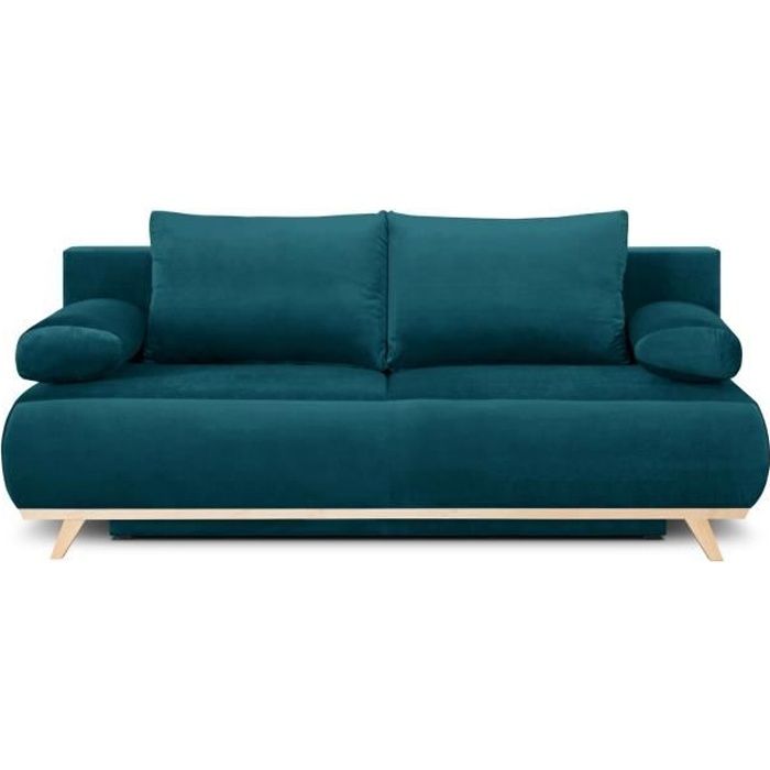 Produit similaire: Canapé convertible 3 places avec coffre de rangement en velours bleu canard - Laria