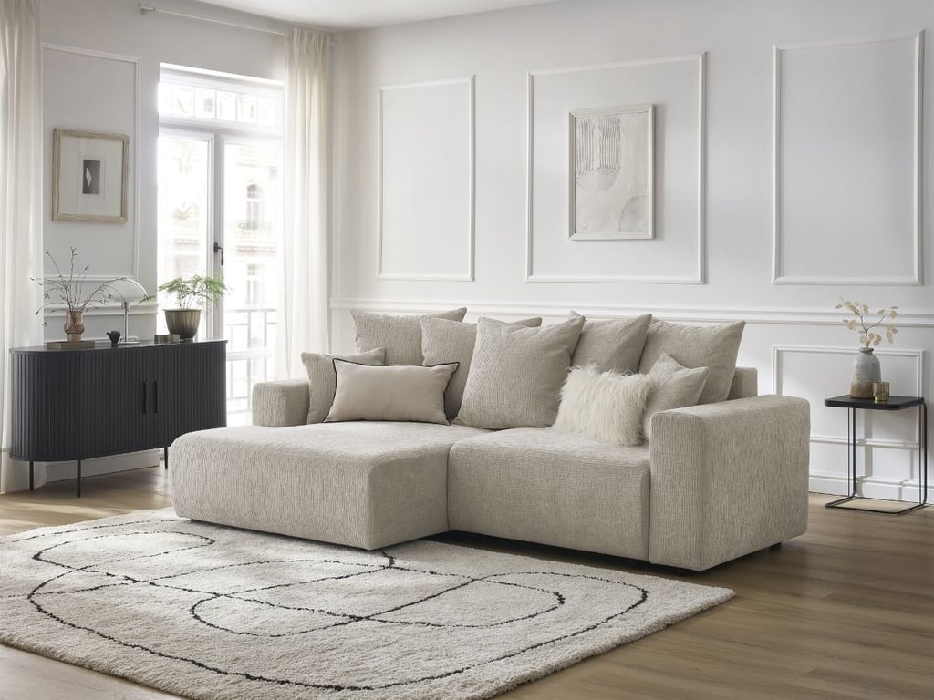 Produit similaire: Canapé d'angle convertible coffre ATILLA tissu texturé beige angle gauche BOBOCHIC 4 places