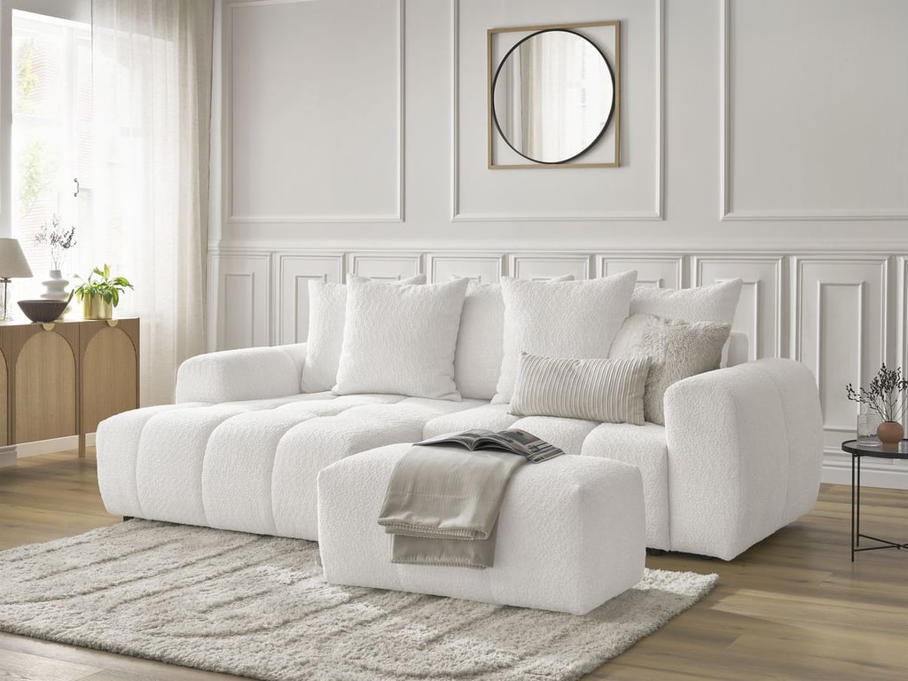 Produit similaire: Canapé d'angle convertible coffre ROXELANE tissu bouclette avec pouf blanc angle gauche BOBOCHIC 3 places