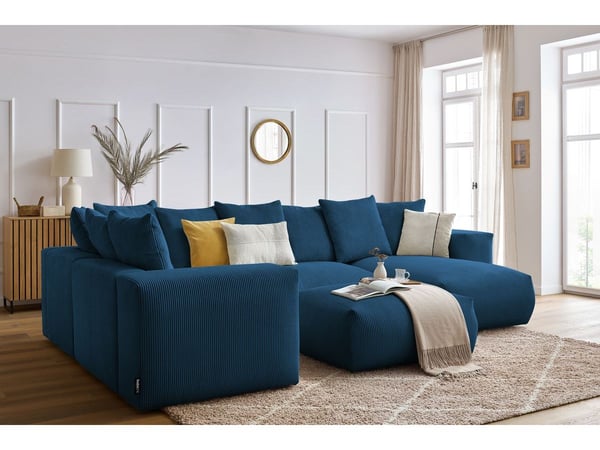 Voltaire canapé panoramique fixe modulable 6 places velours côtelé avec bleu foncé angle droit