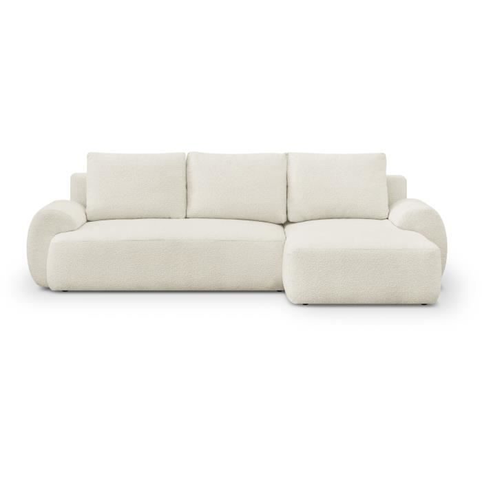 Produit similaire: Canapé d'angle droit convertible 4/5 places MILO - Tissu bouclette beige clair - Coffre de rangement - L 264 x H 84 x P 99/145 cm