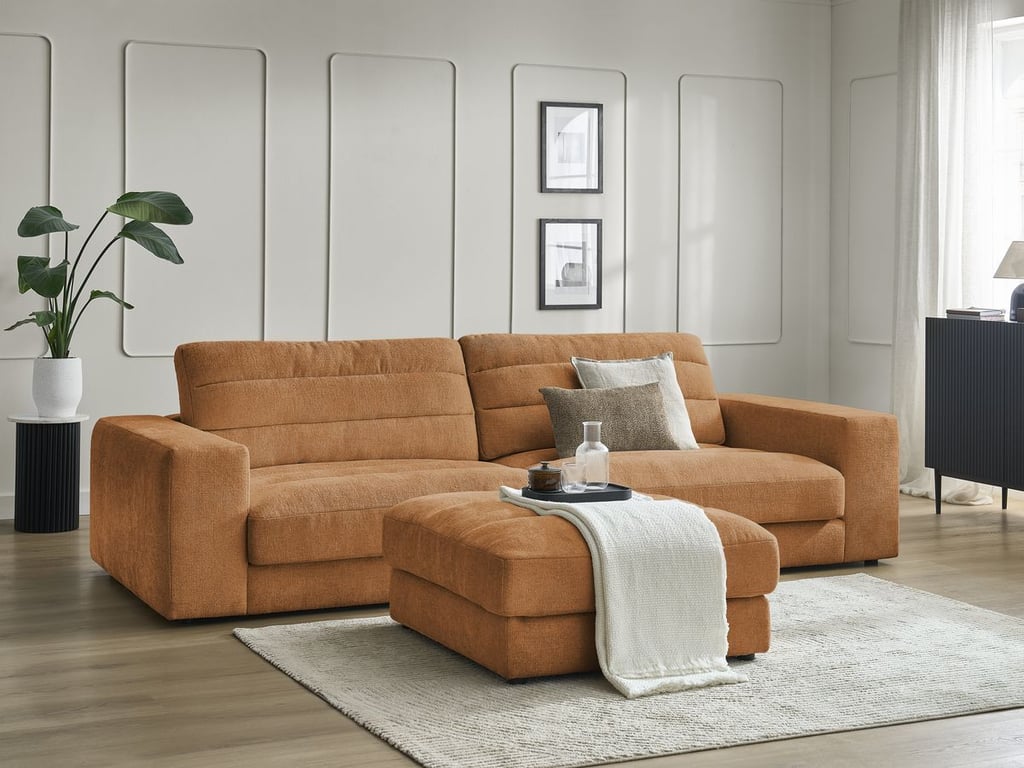 Produit similaire: Canapé droit fixe 3 places SIERRA tissu texturé avec pouf orange BOBOCHIC