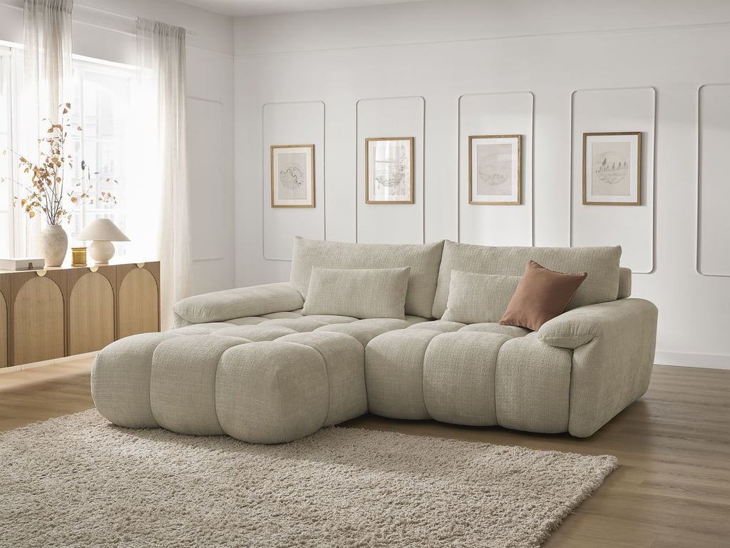 Produit similaire: Canapé d'angle fixe IVANE tissu texturé beige angle gauche BOBOCHIC 3 places