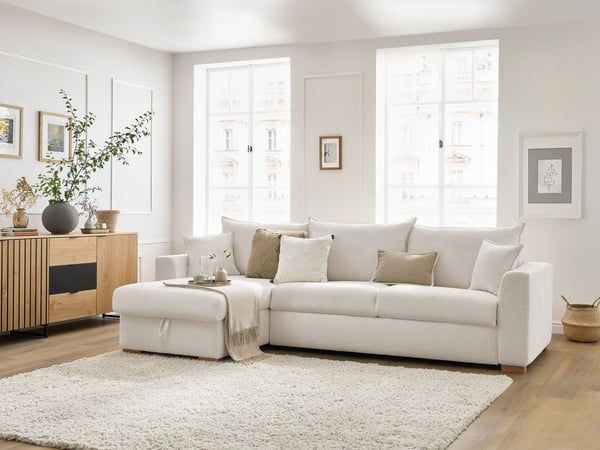 Augustin canapé d'angle réversible convertible ouverture express 3 places tissu bouclette blanc