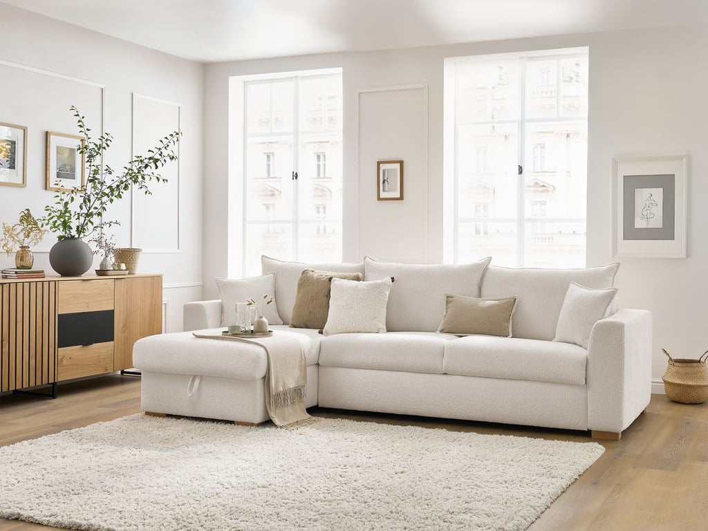 Produit similaire: Canapé d'angle réversible convertible ouverture express AUGUSTIN tissu bouclette blanc 160x200 BOBOCHIC 3 places