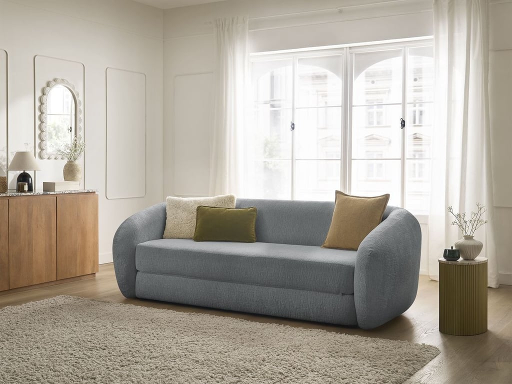 Produit similaire: Canapé droit convertible déplimousse NEYO tissu texturé gris foncé BOBOCHIC 3 places