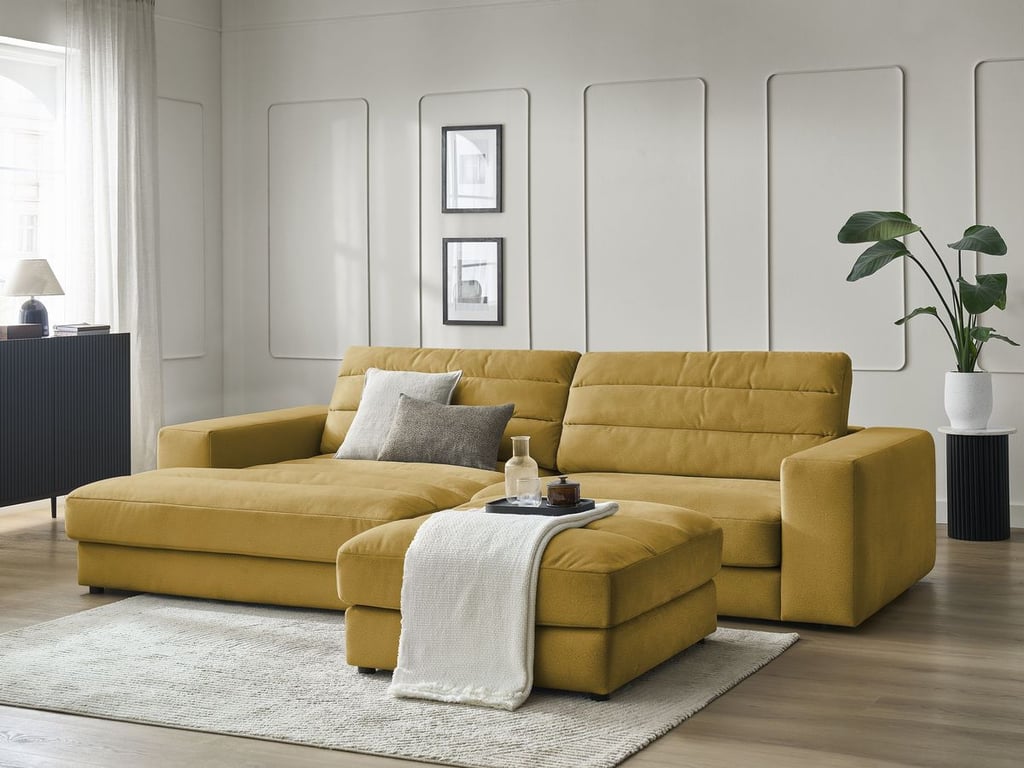 Produit similaire: Canapé d'angle fixe SIERRA velours avec pouf jaune angle gauche BOBOCHIC 4 places