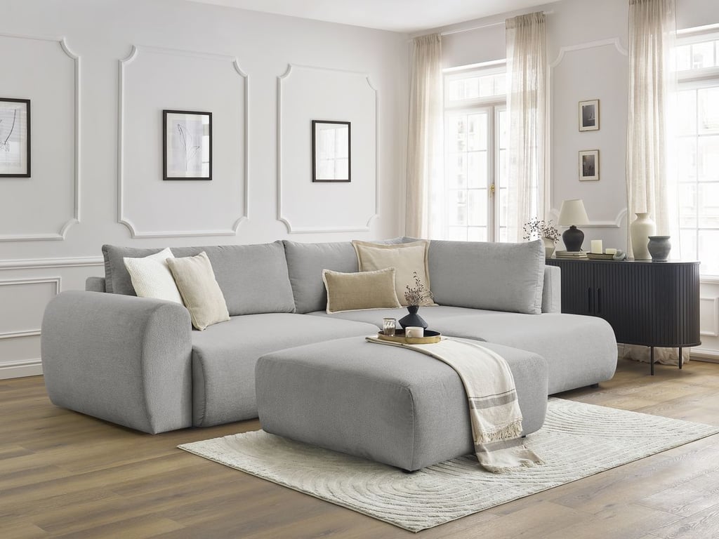 Produit similaire: Canapé d'angle L convertible coffre LUCIEN tissu lisse avec pouf gris clair angle droit BOBOCHIC 4 places