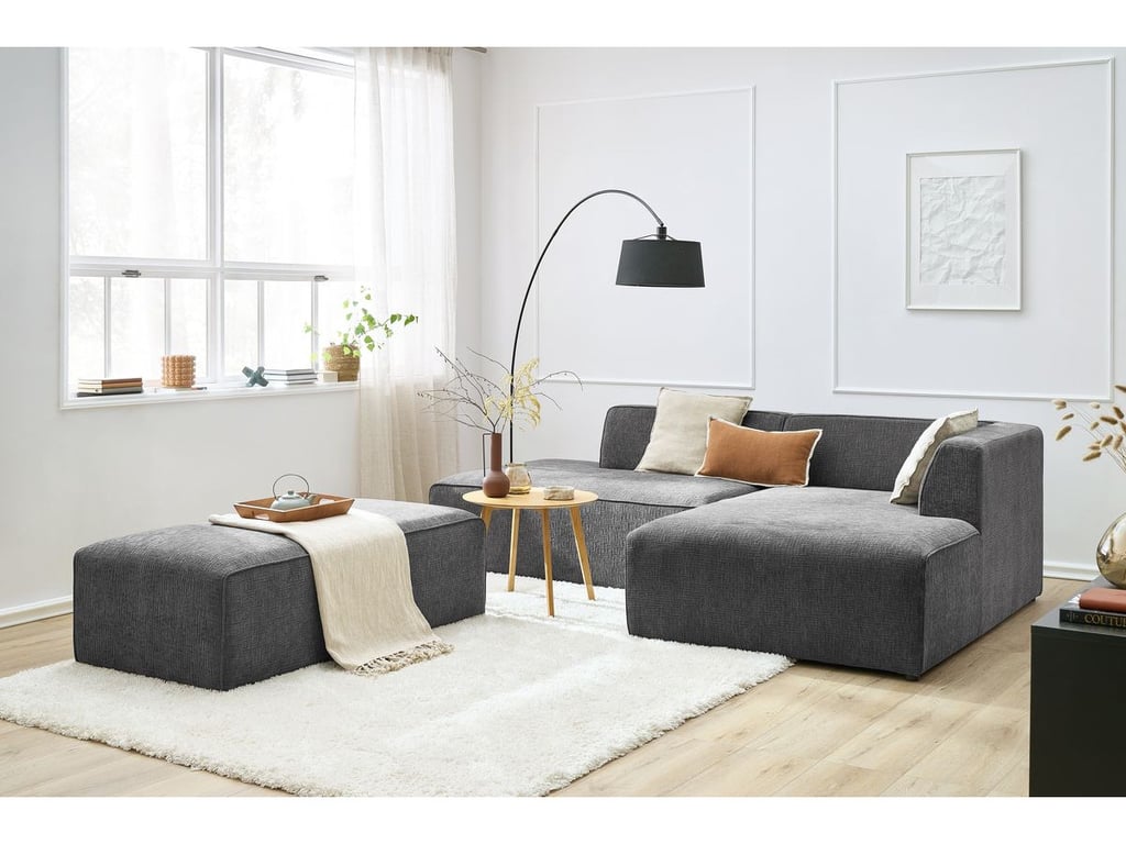 Produit similaire: Canapé d'angle fixe modulable MEGEVE tissu texturé avec pouf gris foncé angle droit BOBOCHIC 5 places