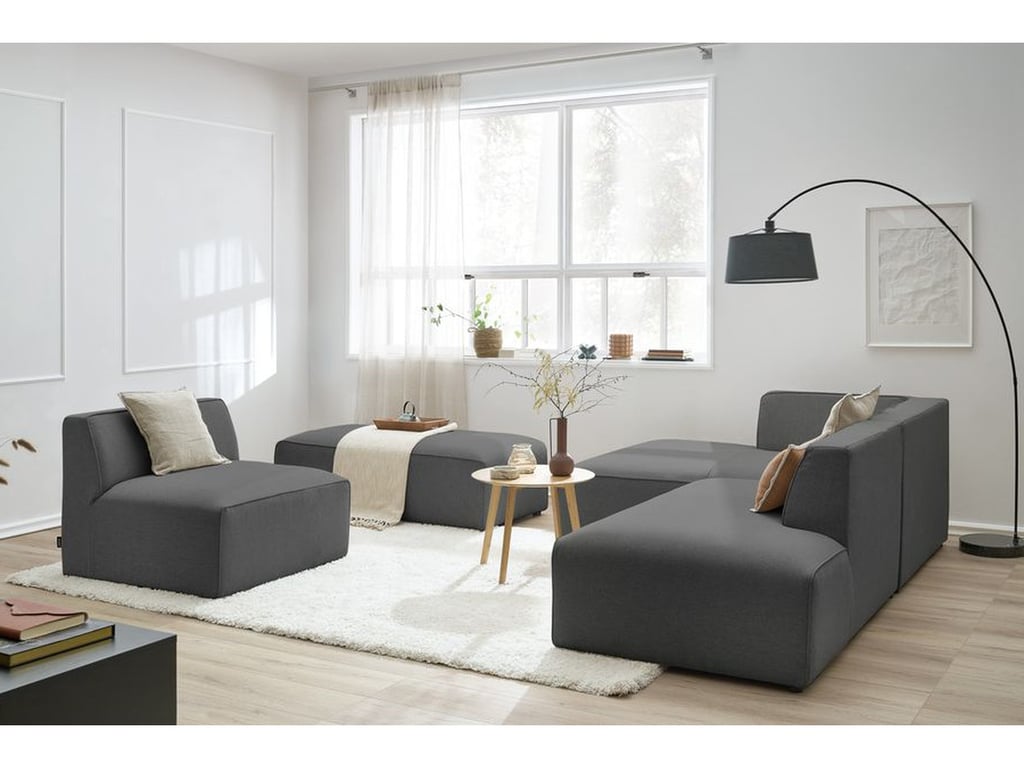 Produit similaire: Canapé d'angle fixe modulable MEGEVE tissu chiné avec 1 chauffeuse et 1 pouf gris foncé angle gauche BOBOCHIC 6 places