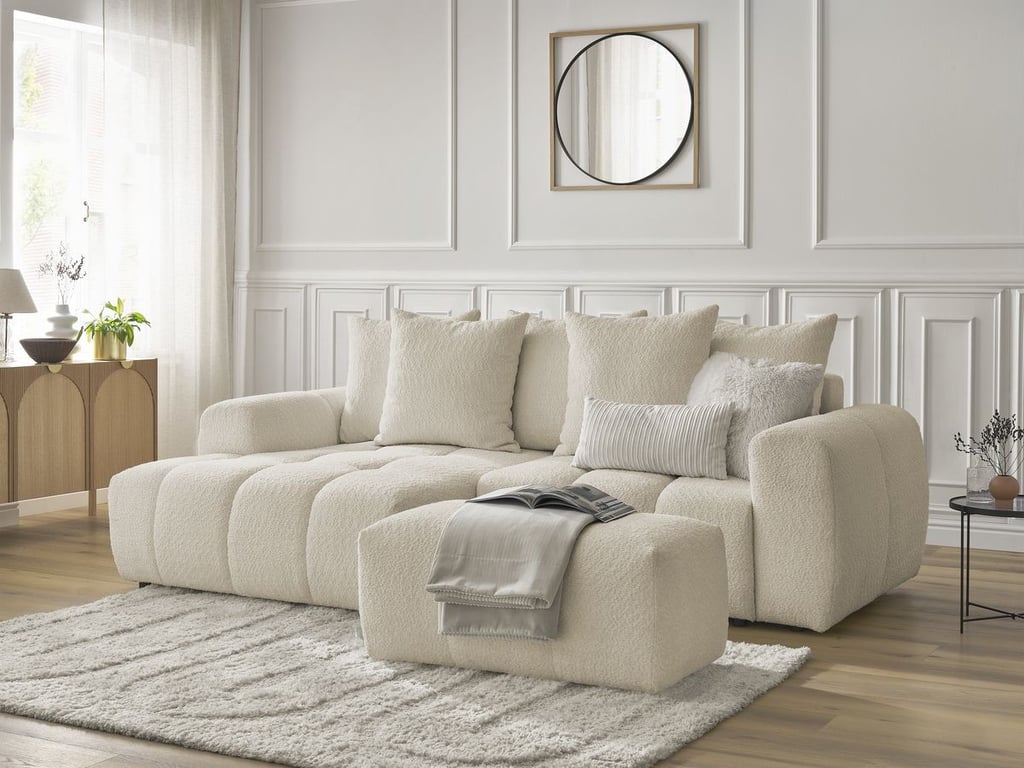 Produit similaire: Canapé d'angle convertible coffre ROXELANE tissu bouclette avec pouf beige angle gauche BOBOCHIC 3 places