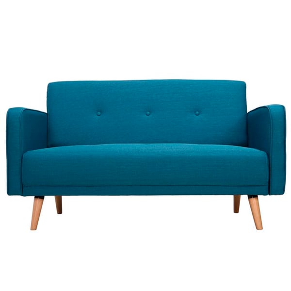 Canapé scandinave 2 places en tissu bleu canard et bois clair ULLA
