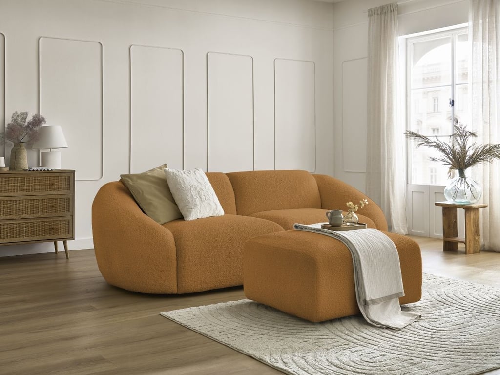 Produit similaire: Canapé droit fixe 3 places TINA tissu bouclette avec pouf jaune BOBOCHIC