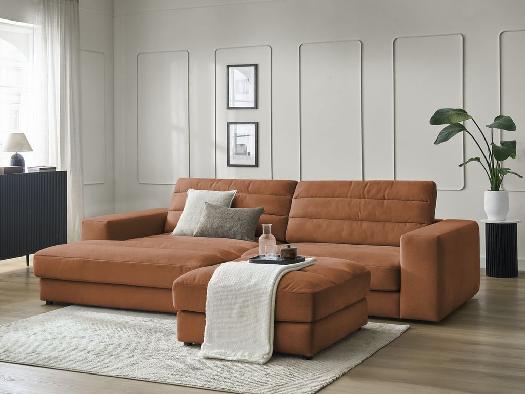 Produit similaire: Canapé d'angle fixe SIERRA velours avec pouf orange angle gauche BOBOCHIC 4 places