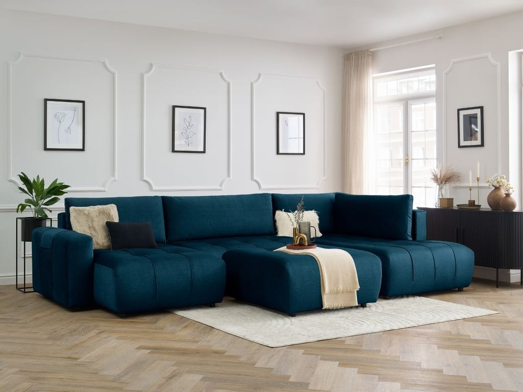 Produit similaire: Canapé panoramique convertible coffre ARSENE tissu velours avec pouf bleu angle gauche BOBOCHIC 6 places