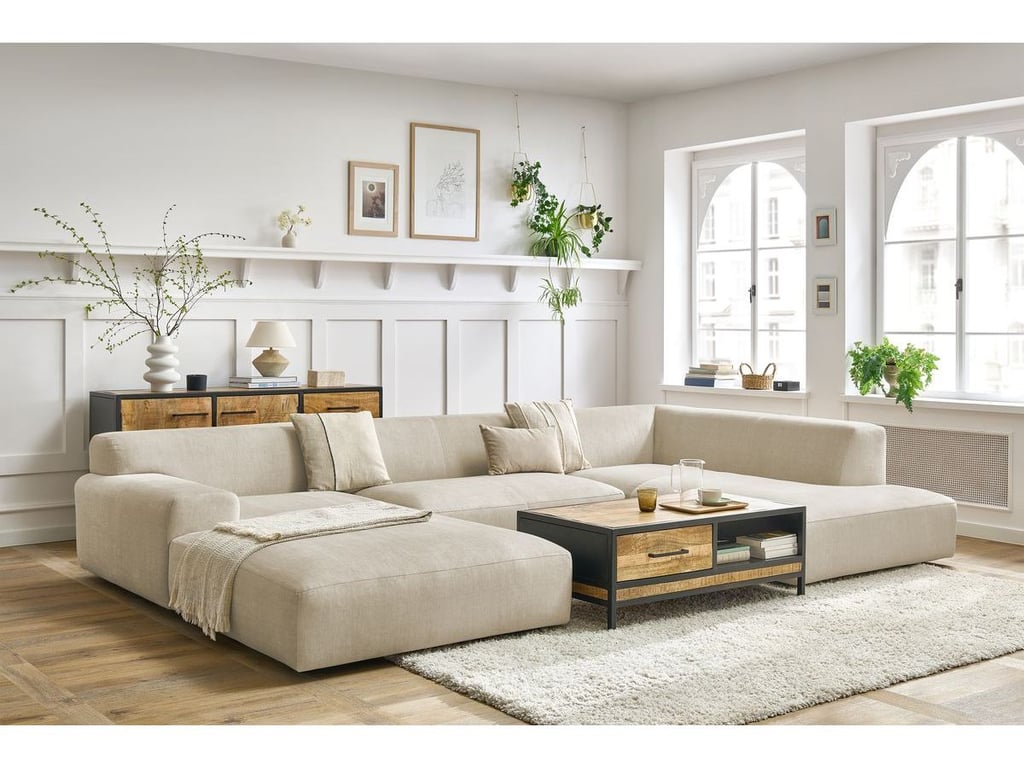 Produit similaire: Canapé panoramique fixe compact LAVENA tissu velours beige angle gauche BOBOCHIC 6 places