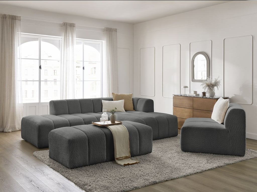 Produit similaire: Canapé d'angle fixe modulable ANNECY tissu bouclette avec 1 chauffeuse 1 place et 1 pouf gris foncé angle droit BOBOCHIC 5 places
