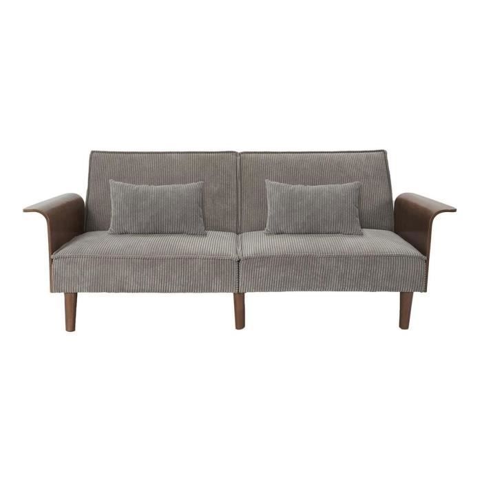 Canapé convertible en velours côtelé gris et bois L205 cm - 205 cm X 90 cm X 83 cm - Calicosy - Vue supplémentaire 1