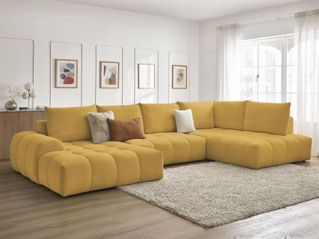 Produit similaire: Canapé panoramique convertible coffre EVEREST tissu chiné jaune angle gauche BOBOCHIC 6 places