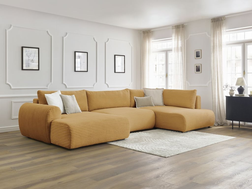 Produit similaire: Canapé panoramique convertible coffre LUCIEN gros côtelé doux jaune angle gauche BOBOCHIC 5 places