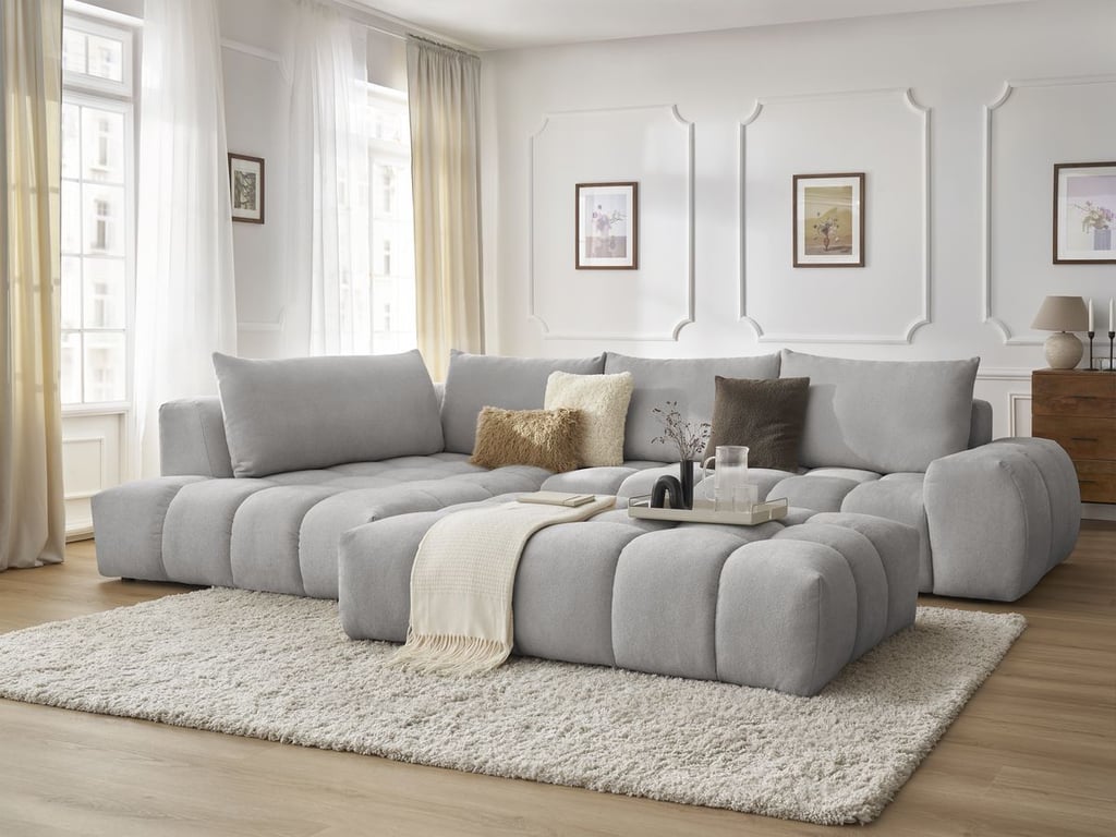 Produit similaire: Canapé d'angle fixe EVEREST tissu texturé avec pouf gris clair angle gauche BOBOCHIC 5 places